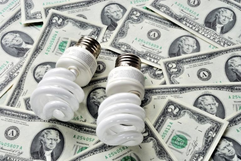 Light bulbs lying on a pile of 2 dollar bills