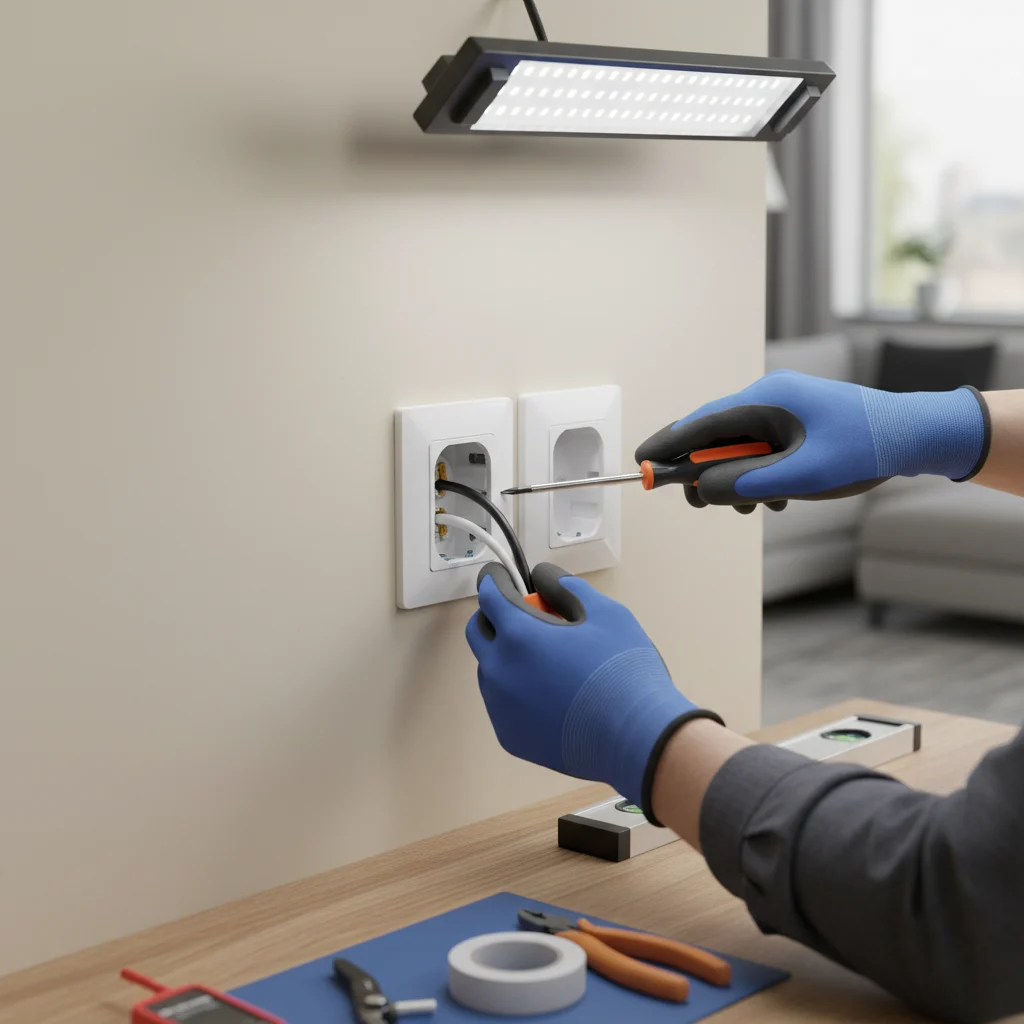 A professional licensed electrician's hands installing a high-quality white electrical outlet into a clean residential wall. The electrician is wearing professional work gloves and using an insulated screwdriver. The scene is brightly lit, showing a safe and organized workspace with no exposed or messy wiring. No text or low-quality elements.