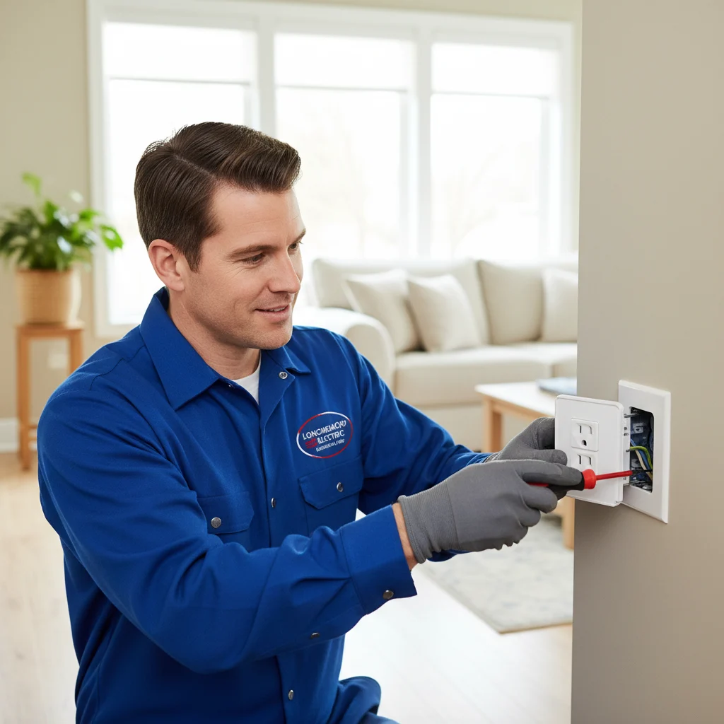 A professional electrician in a clean, branded uniform carefully installing a modern white electrical outlet in a bright, well-maintained Longmeadow home. The electrician is using a professional insulated screwdriver. The focus is on the clean installation and safety, with no exposed wires or messy tools visible. High-quality, natural indoor lighting.