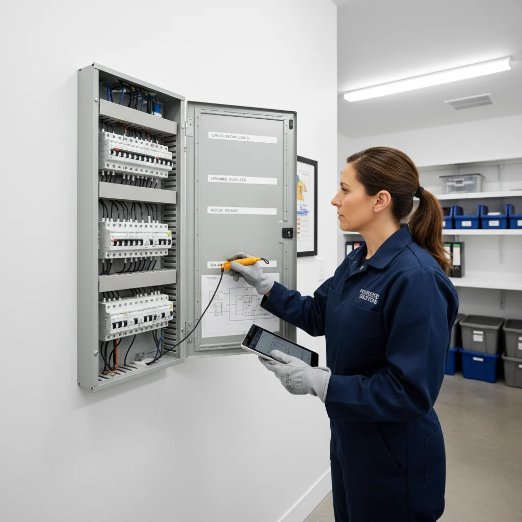 A professional electrician in a clean uniform inspecting a modern, neatly organized electrical panel in a well-lit residential utility room. The panel is high-quality with clear labels. No exposed wires or unsafe setups.