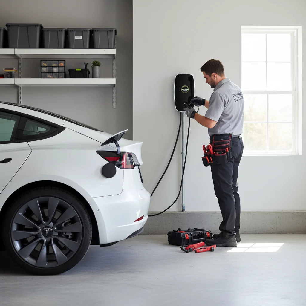 A professional electrician in a clean uniform installing a modern Level 2 EV charging station on a residential garage wall in Holyoke, MA. The workspace is organized, featuring high-quality insulated tools and a sleek, wall-mounted charger. The lighting is bright and natural, showing a clean garage interior with a modern electric car parked nearby. High-resolution, realistic photography.