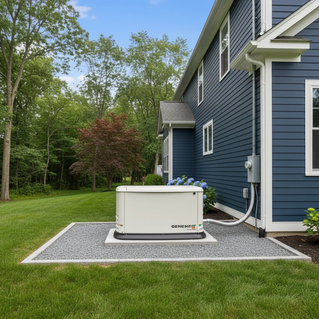 A professional exterior shot of a modern standby generator installed on a clean gravel pad next to a residential home in Easthampton, MA. The installation is neat and complies with safety standards, featuring professional conduit work. The background shows a well-maintained yard during a clear day. High resolution, natural lighting, no people, no text, no exposed wires.