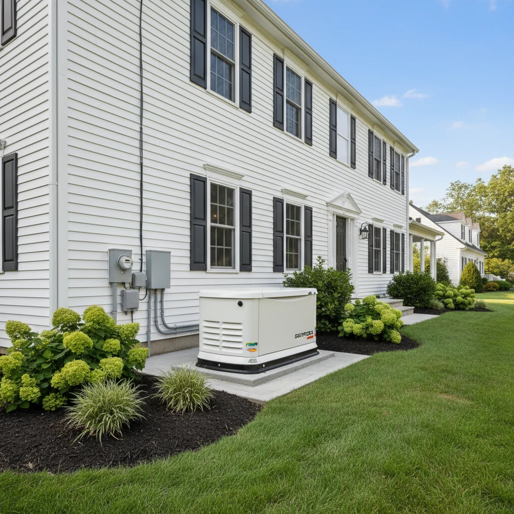 A professional, high-resolution photo of a modern residential standby generator installed on a level concrete pad next to a clean, well-maintained house in Longmeadow, MA. The installation shows neat electrical conduits and professional landscaping. No people, no text, clear daylight, emphasizing safety and professional quality.
