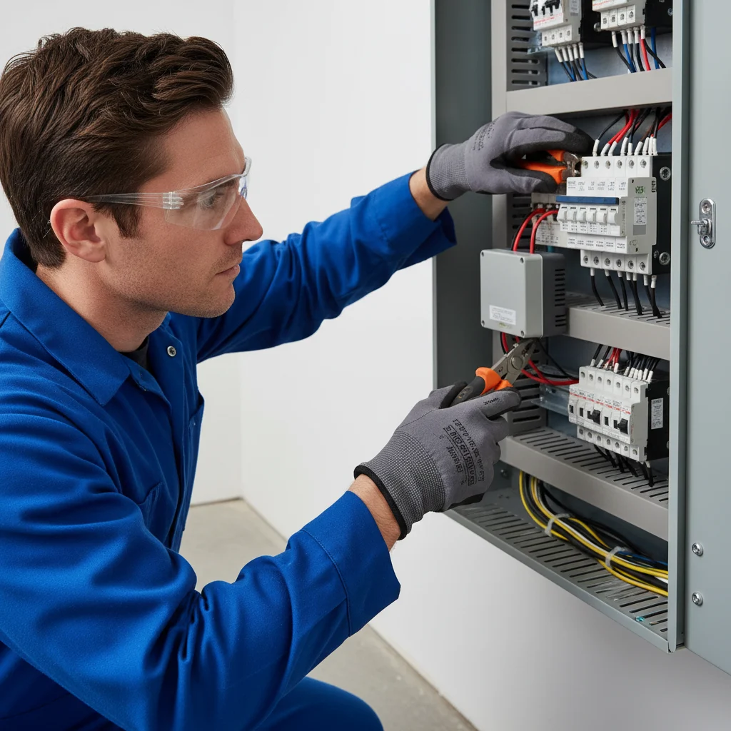 A professional electrician in a clean blue uniform and safety glasses, carefully installing a whole-home surge protection device into a modern, organized residential electrical panel. The scene is well-lit, showing insulated tools and neat wiring. No text, high-resolution, realistic style.